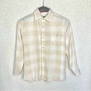 EUC vtg Public Notices long-sleeve button-front off-white & white gauze shirt